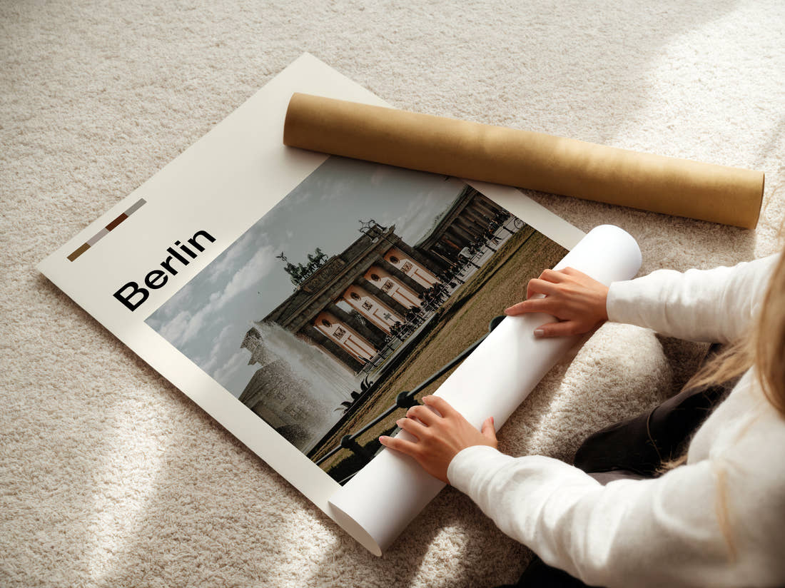 Berlin Brandenburg Gate Travel Print being unrolled from its postal tube