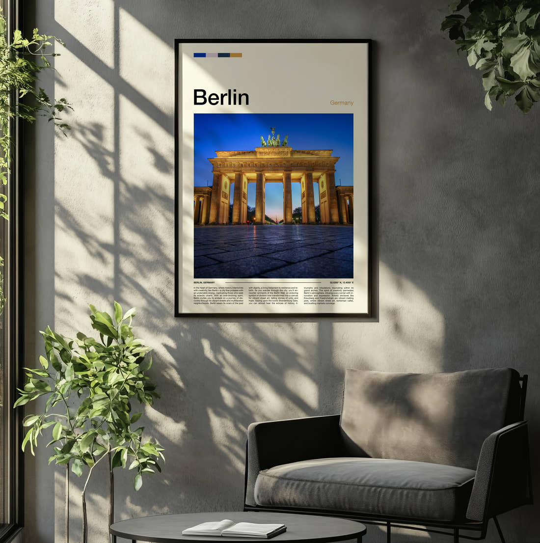 Berlin Brandenburg Gate At Night Travel Print framed on the wall of a relaxed living room