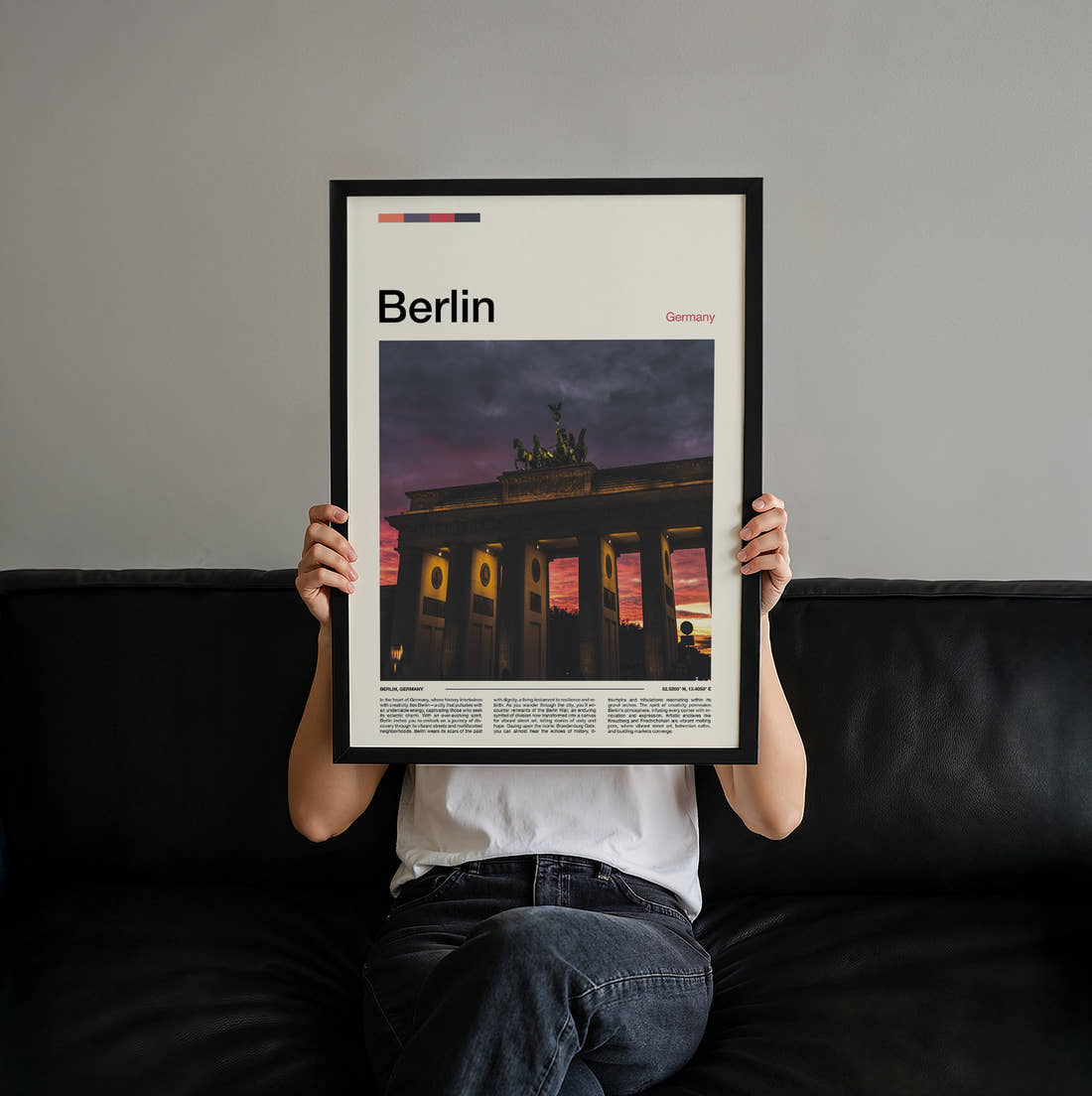 Berlin Brandenburg Gate At Sunset Travel Print held up by hand to show the size of the print