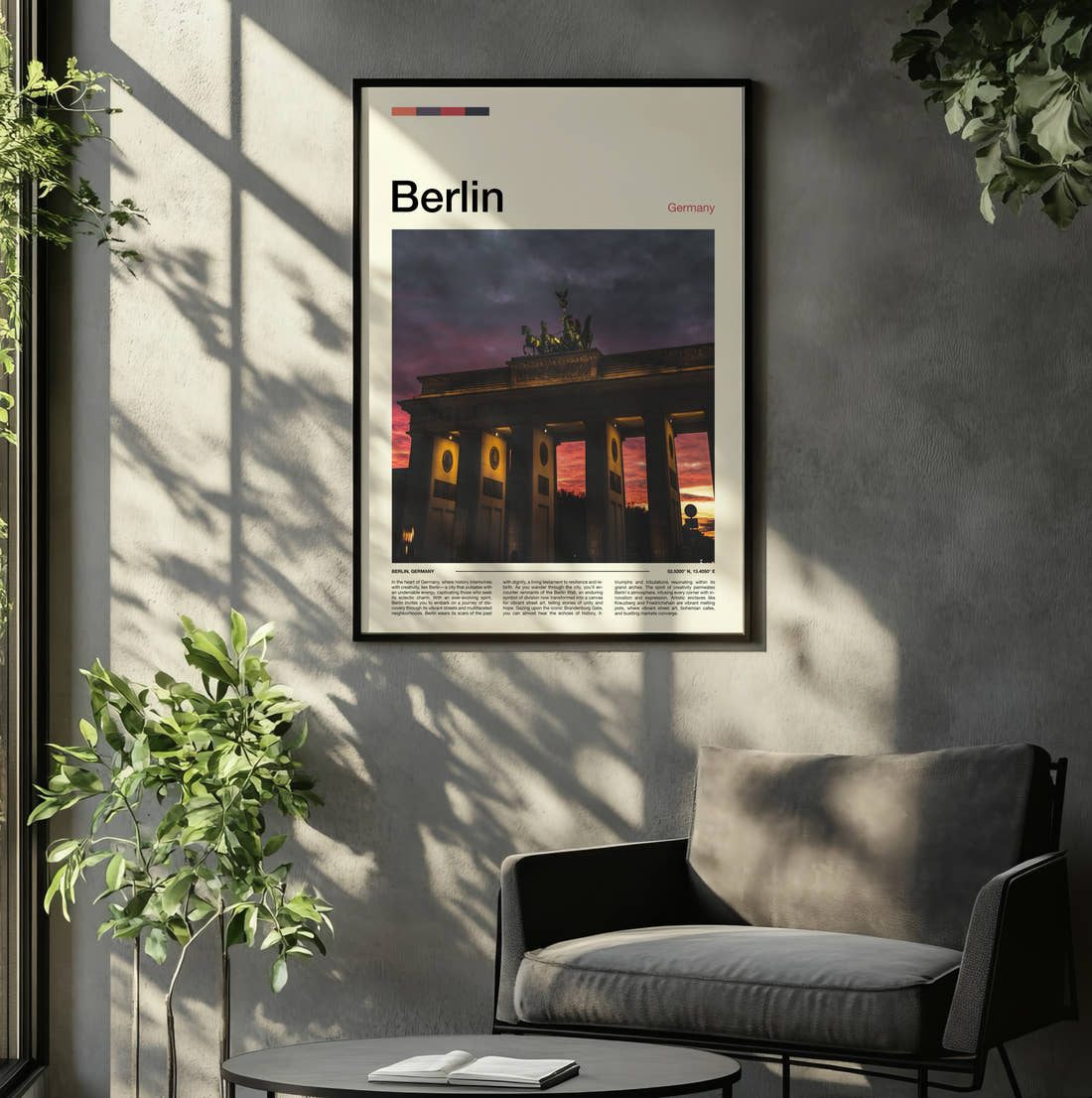 Berlin Brandenburg Gate At Sunset Travel Print framed on the wall of a relaxed living room