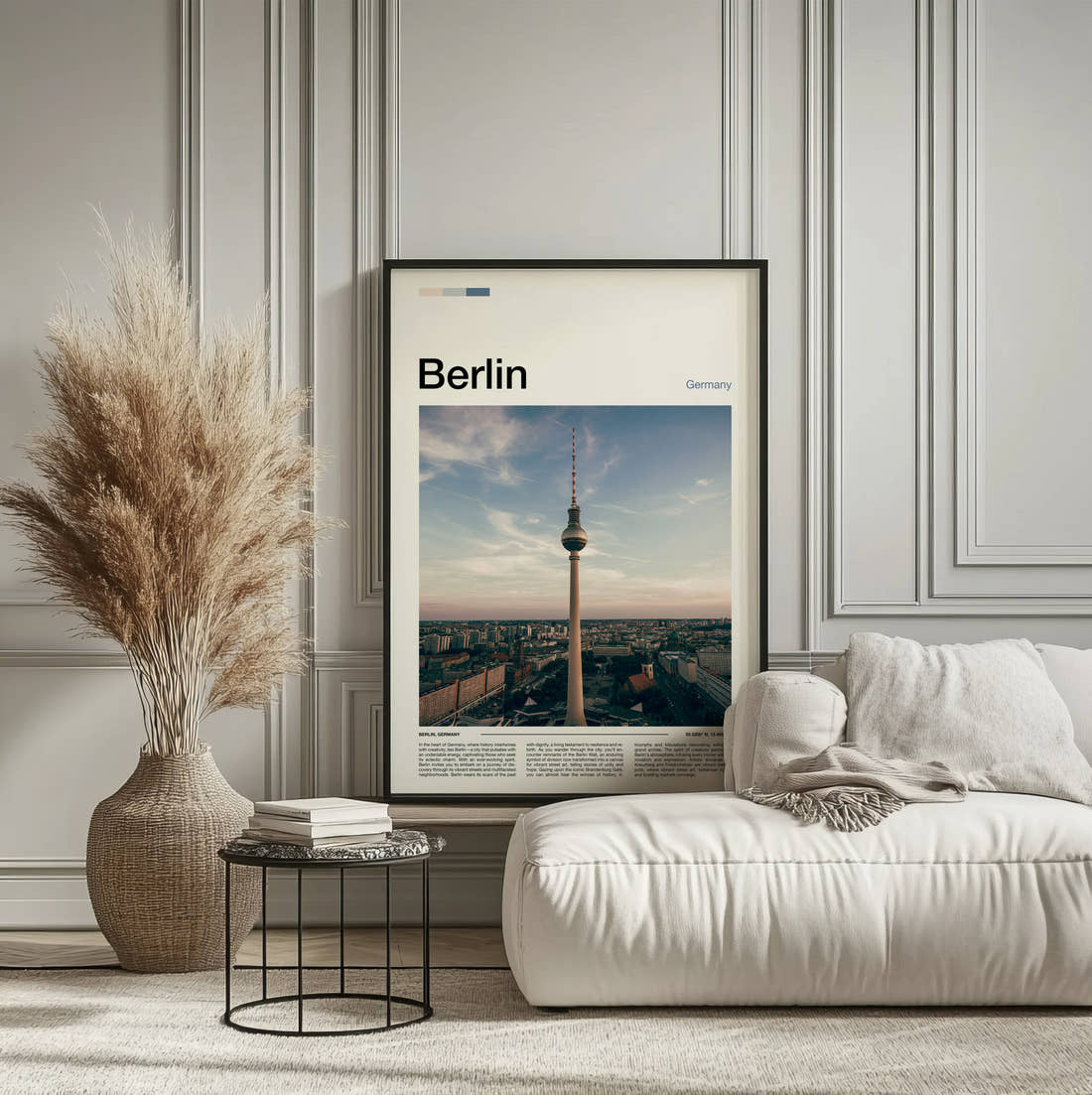 Berlin Television Tower Travel Print framed on the wall of a calm, neutral bedroom