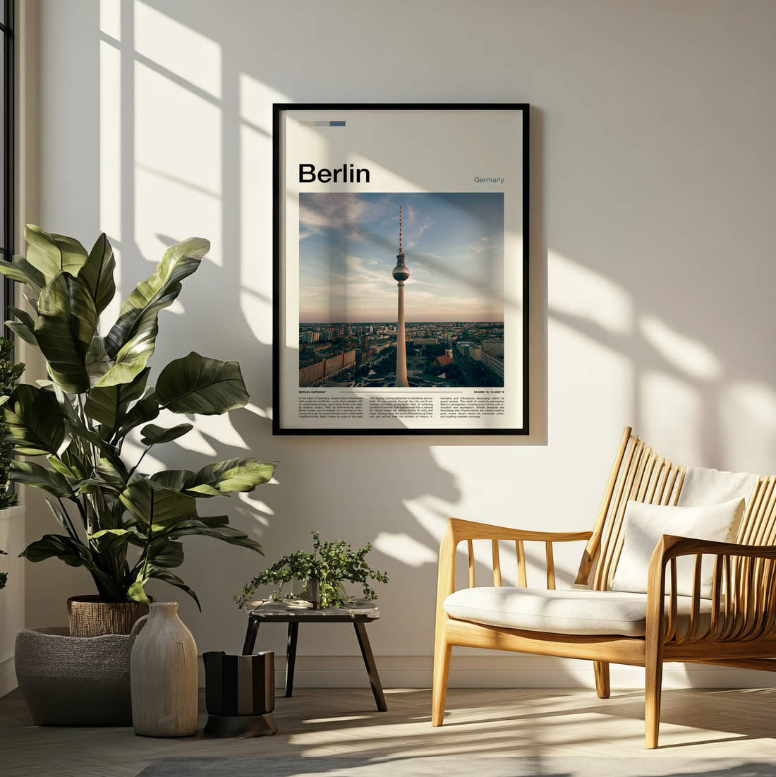 Berlin Television Tower Travel Print framed on a pale wall beside houseplants