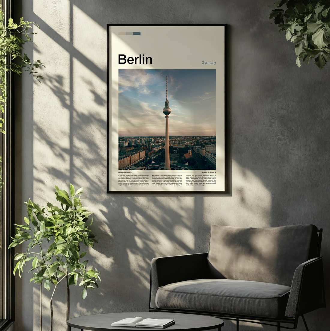 Berlin Television Tower Travel Print framed on the wall of a relaxed living room