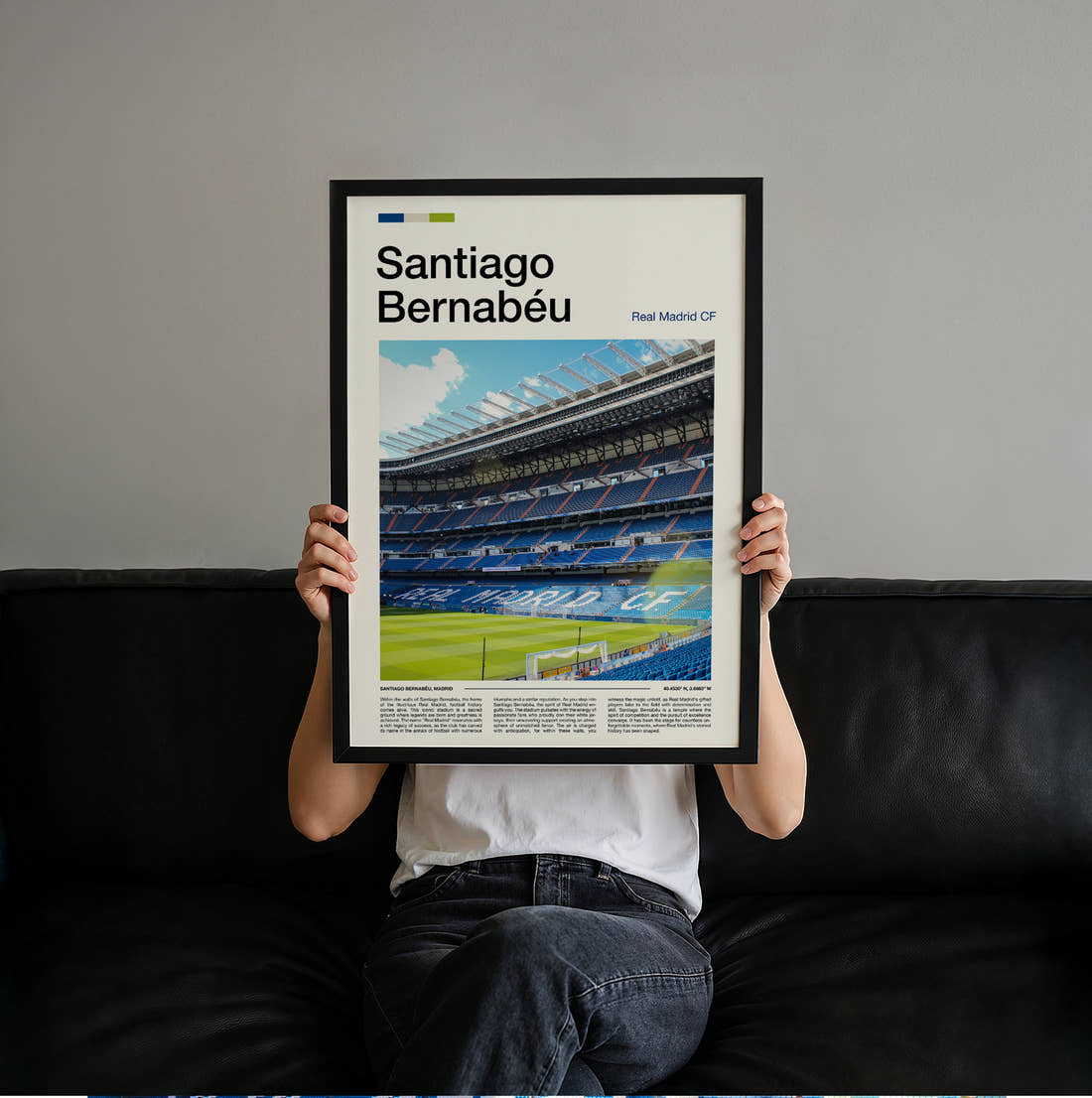Bernabeu Stadium Print held up by hand to show the size of the print