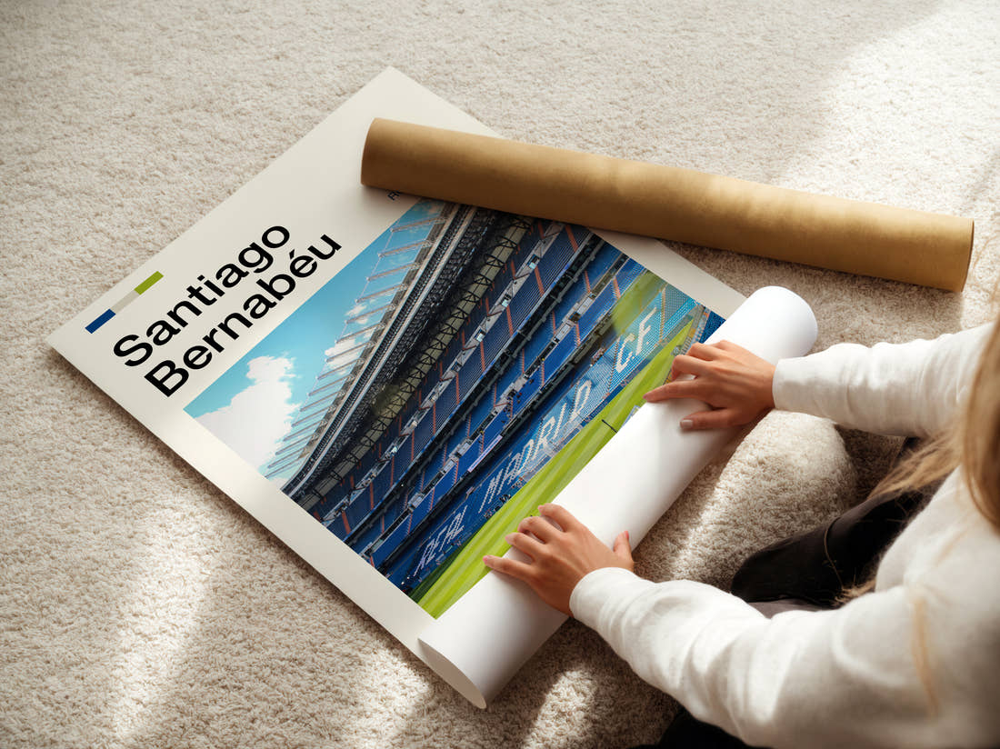 Bernabeu Stadium Print being unrolled from its postal tube