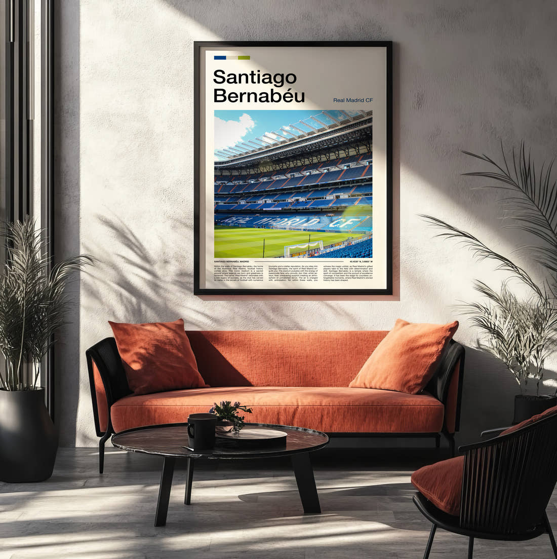 Bernabeu Stadium Print framed on the wall of a modern living room