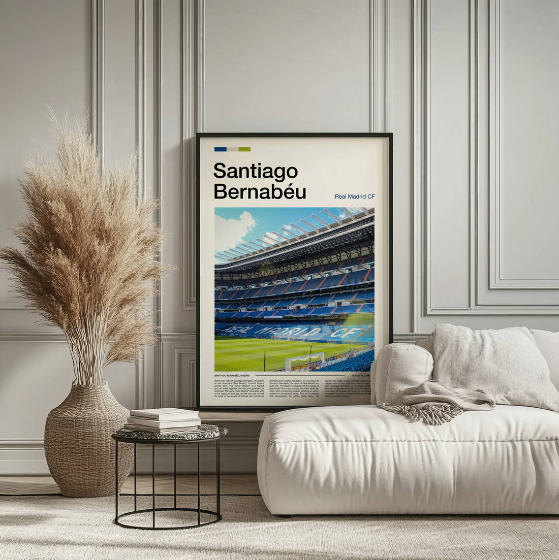 Bernabeu Stadium Print framed on the wall of a calm, neutral bedroom
