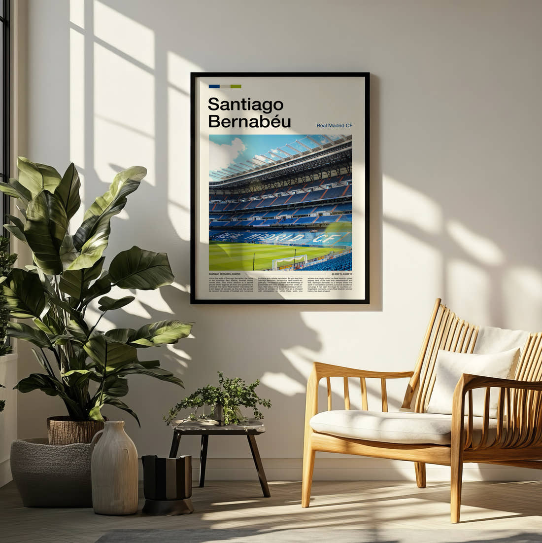 Bernabeu Stadium Print framed on a pale wall beside houseplants
