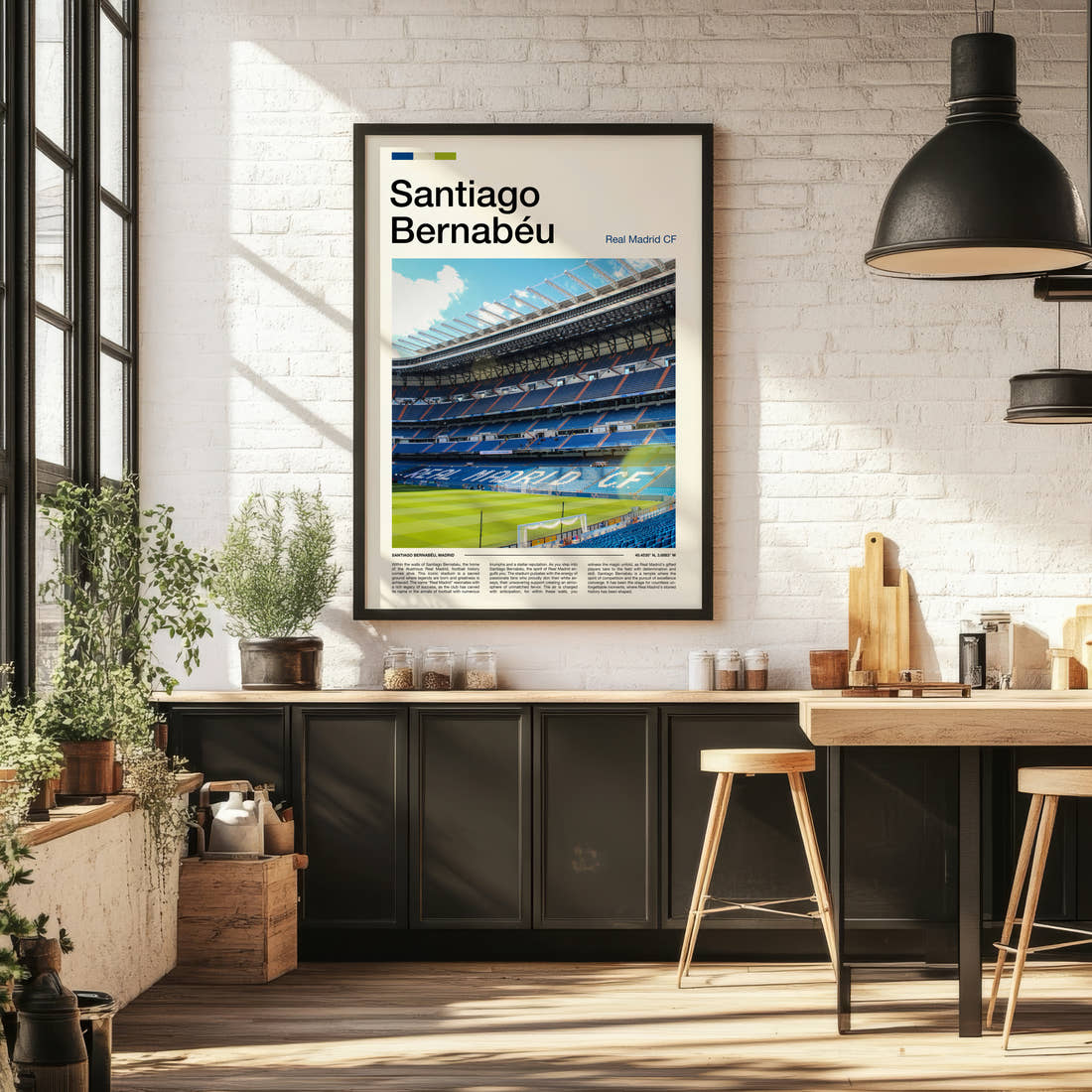 Bernabeu Stadium Print framed on the wall of a bright kitchen and dining space