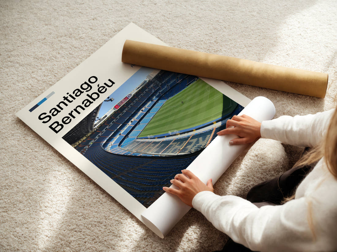 Bernabeu Stadium Print being unrolled from its postal tube