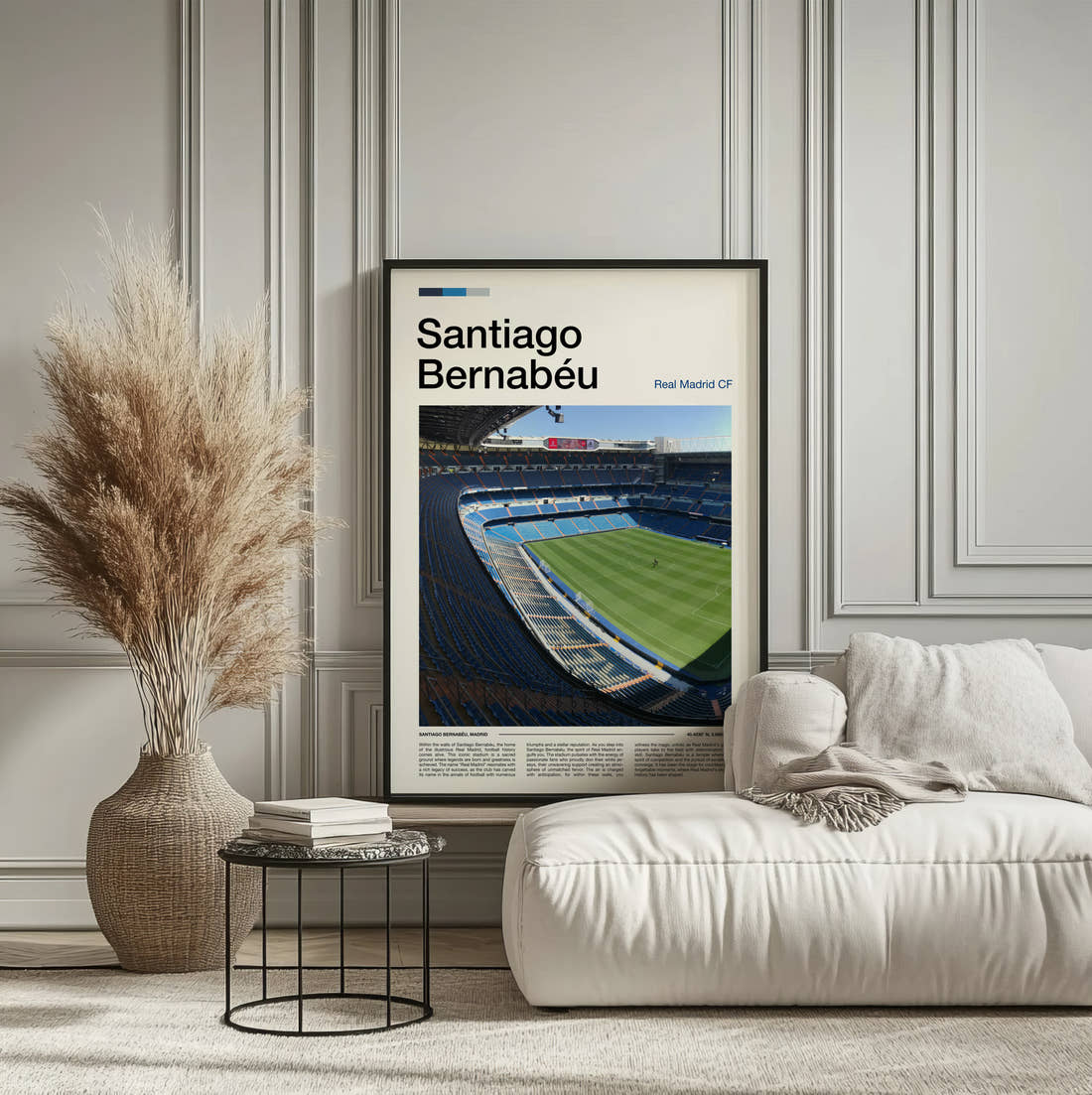 Bernabeu Stadium Print framed on the wall of a calm, neutral bedroom