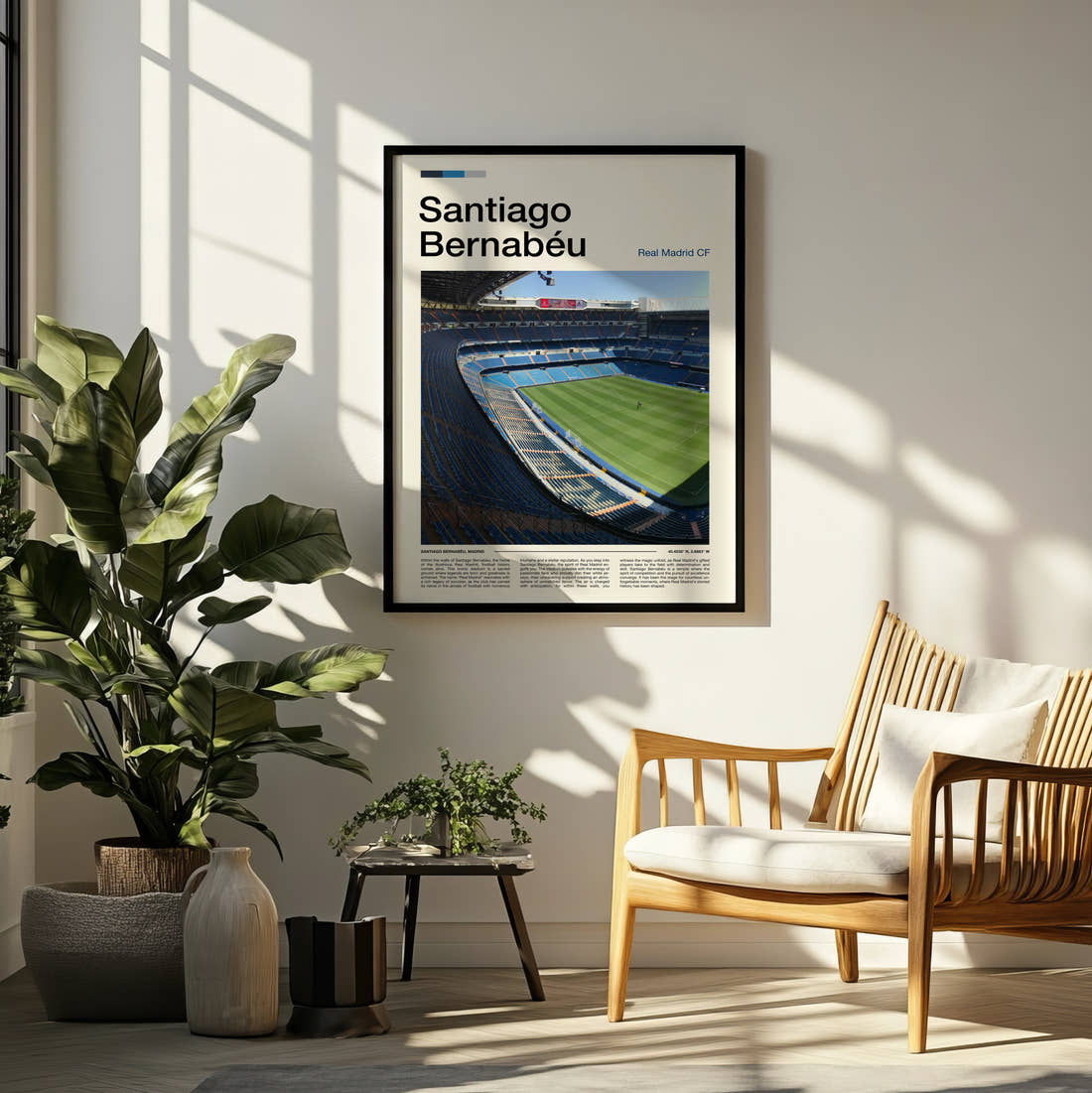Bernabeu Stadium Print framed on a pale wall beside houseplants