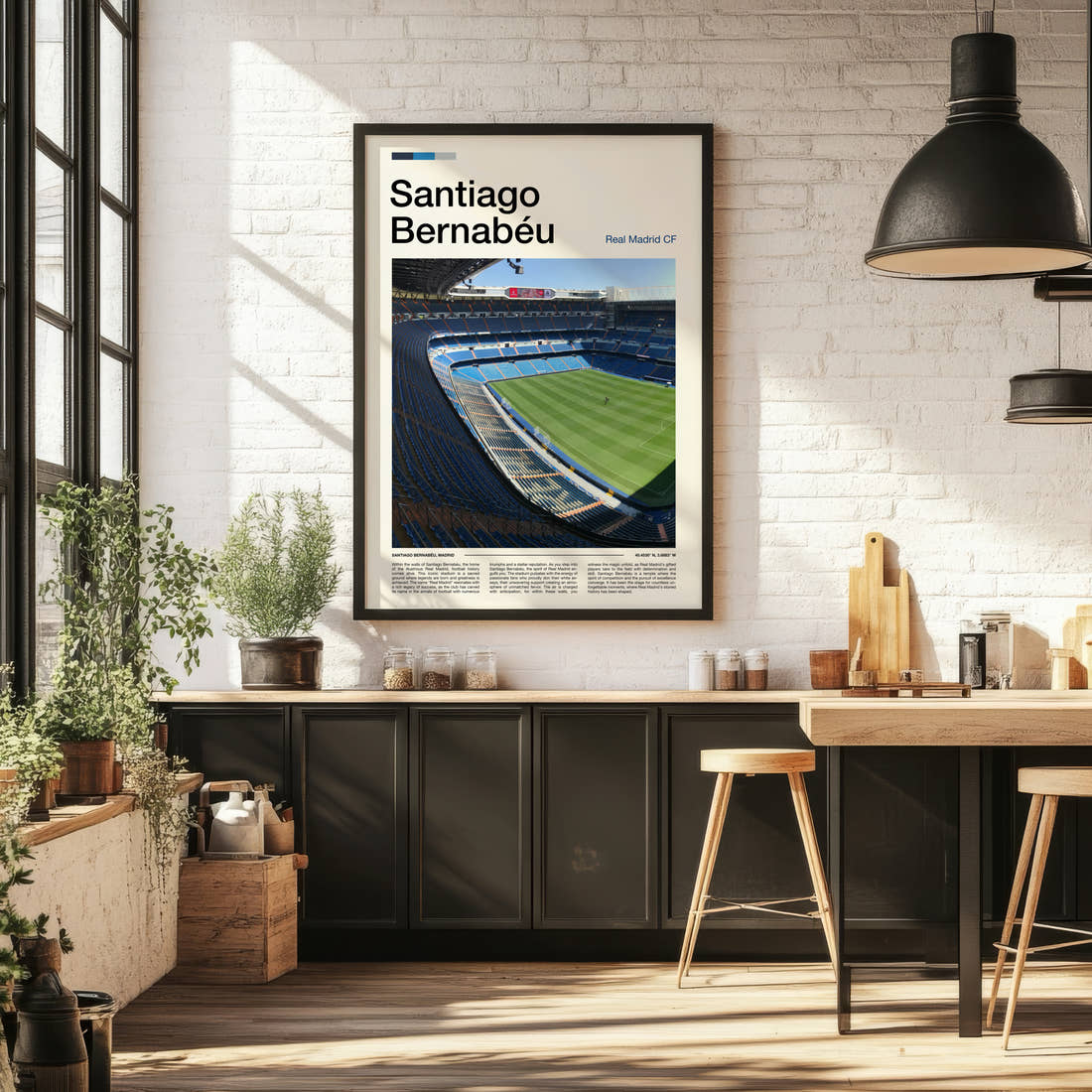 Bernabeu Stadium Print framed on the wall of a bright kitchen and dining space