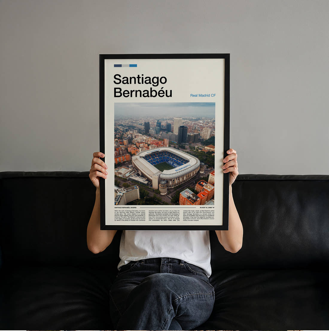 Bernabeu Stadium Print held up by hand to show the size of the print