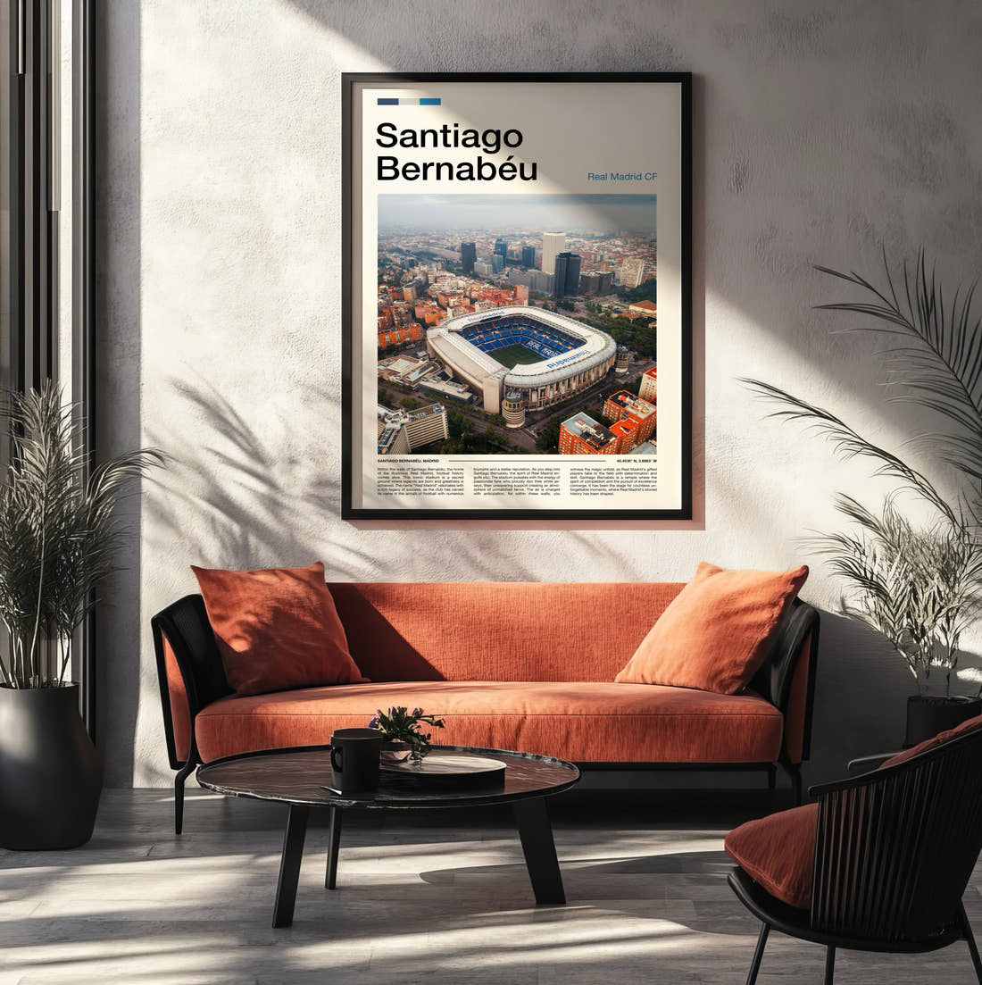 Bernabeu Stadium Print framed on the wall of a modern living room