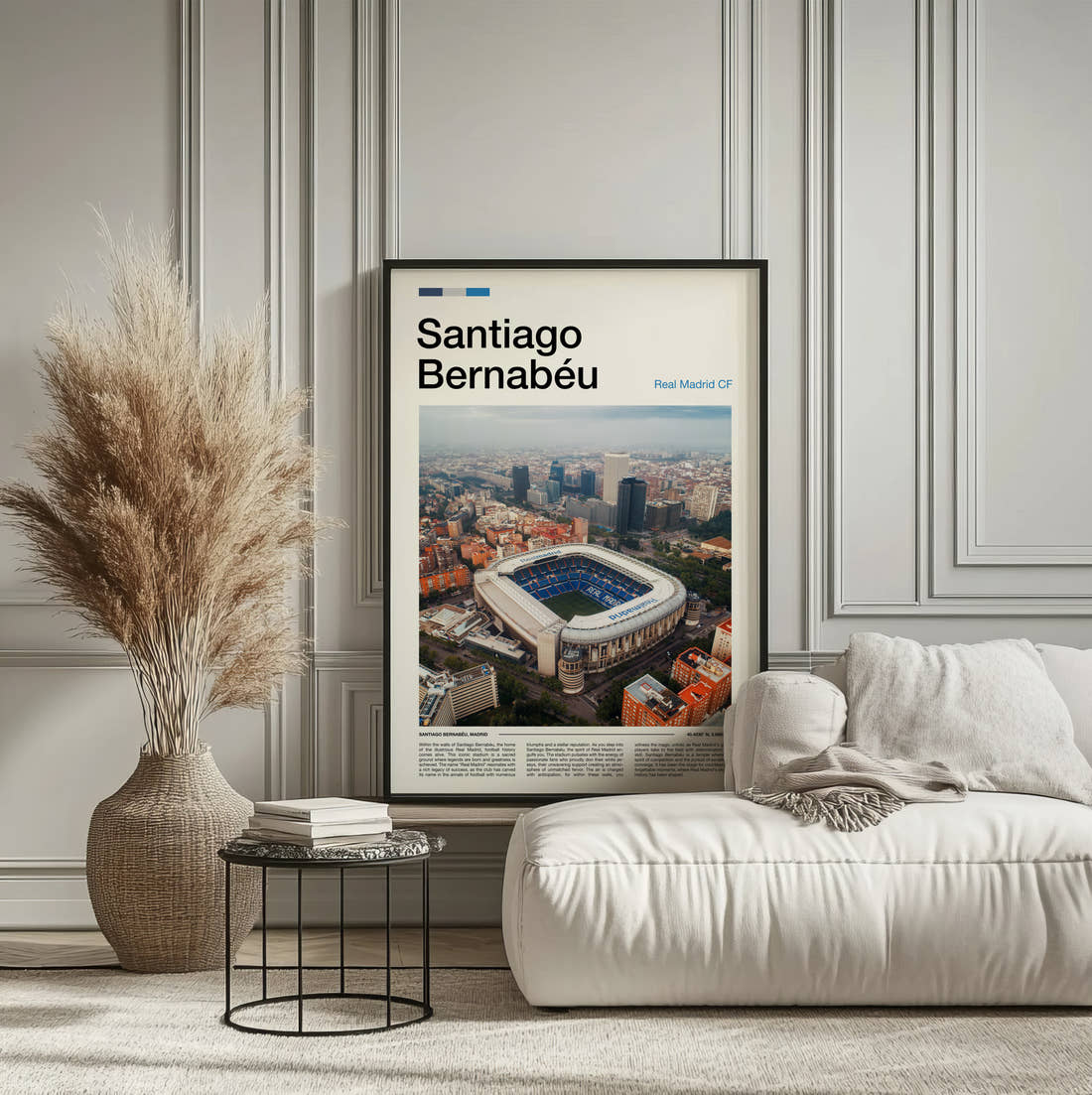 Bernabeu Stadium Print framed on the wall of a calm, neutral bedroom