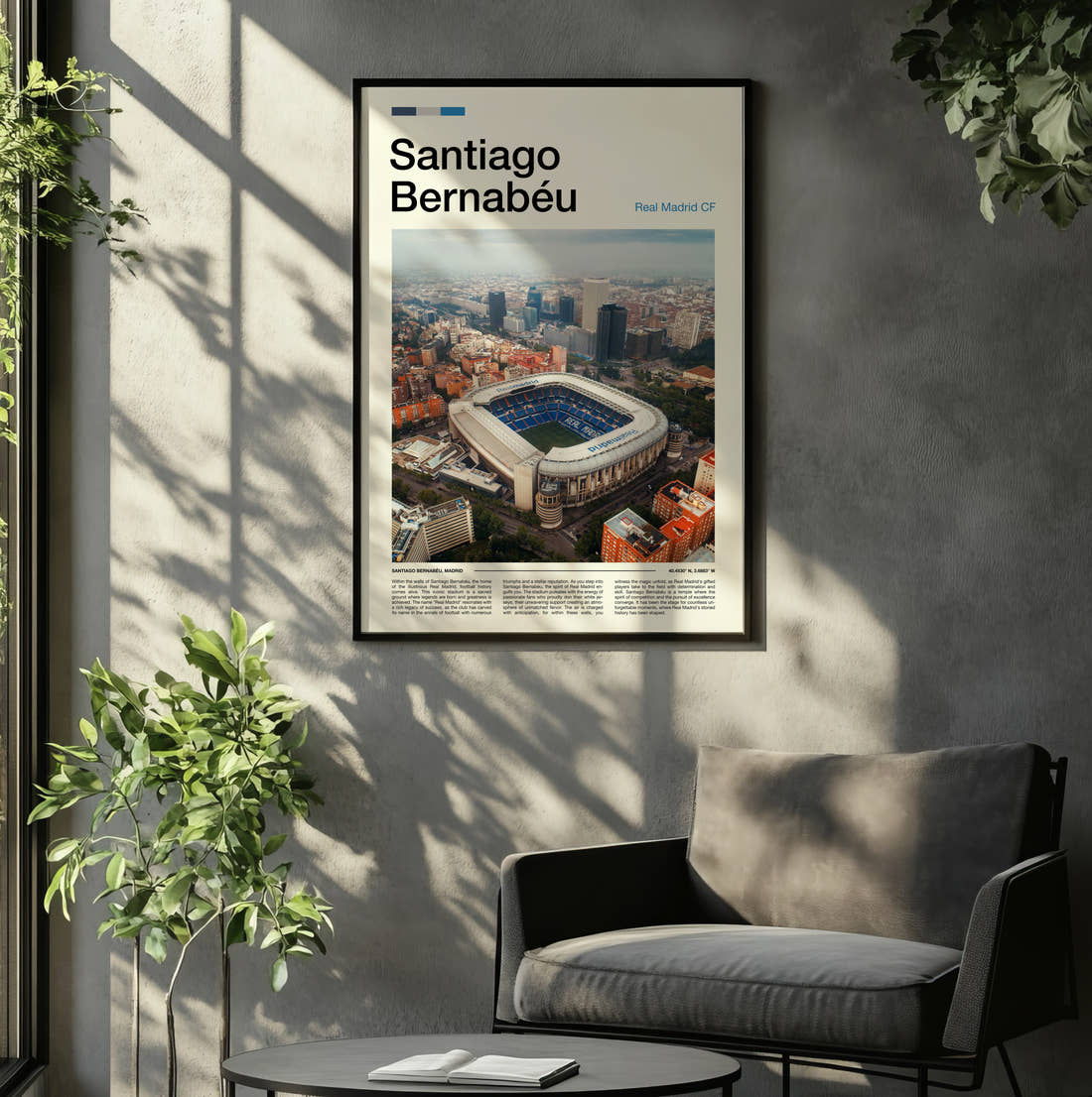 Bernabeu Stadium Print framed on the wall of a relaxed living room