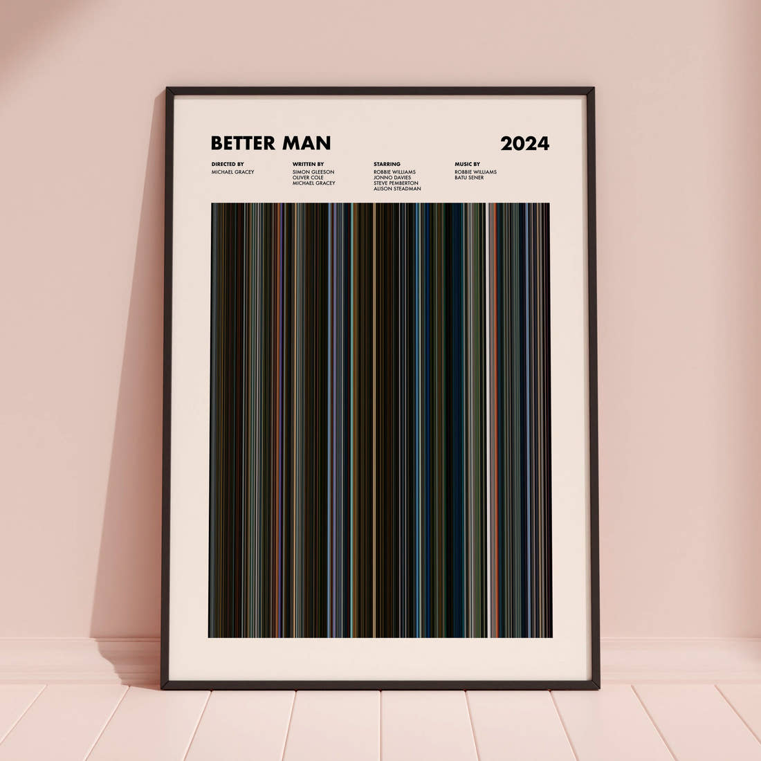 Better Man Movie Barcode Poster framed and leaning against a coloured wall