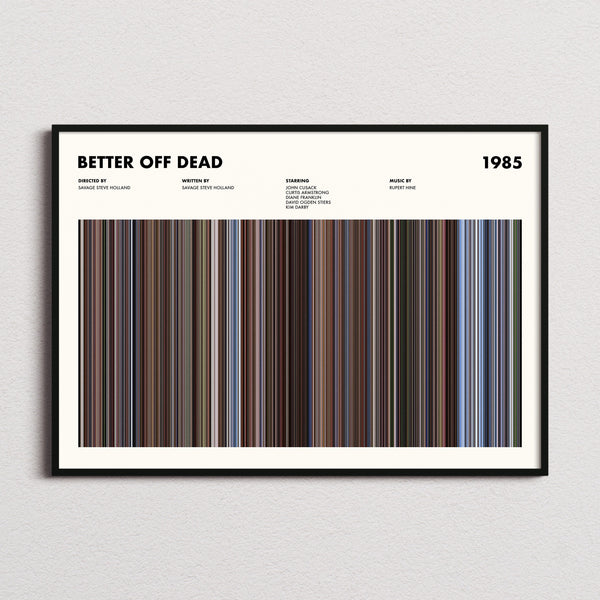 Better Off Dead Movie Barcode Poster framed and photographed straight on