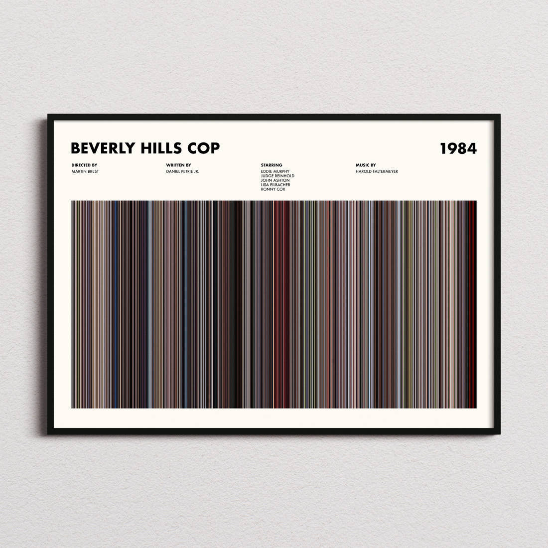 Beverly Hills Cop Movie Barcode Poster framed and photographed straight on