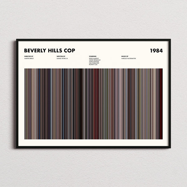 Beverly Hills Cop Movie Barcode Poster framed and photographed straight on