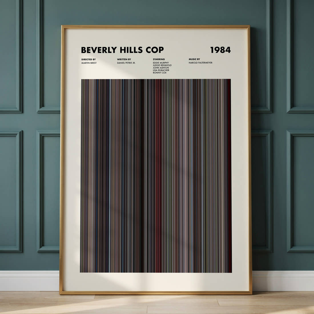Beverly Hills Cop Movie Barcode Poster framed and leaning against a panelled wall