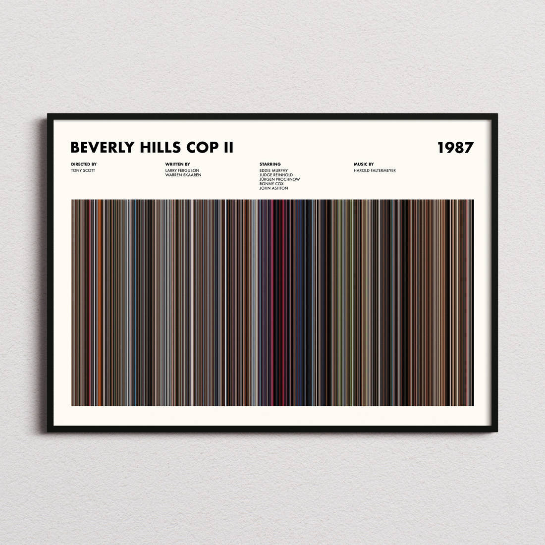 Beverly Hills Cop II Movie Barcode Poster framed and photographed straight on