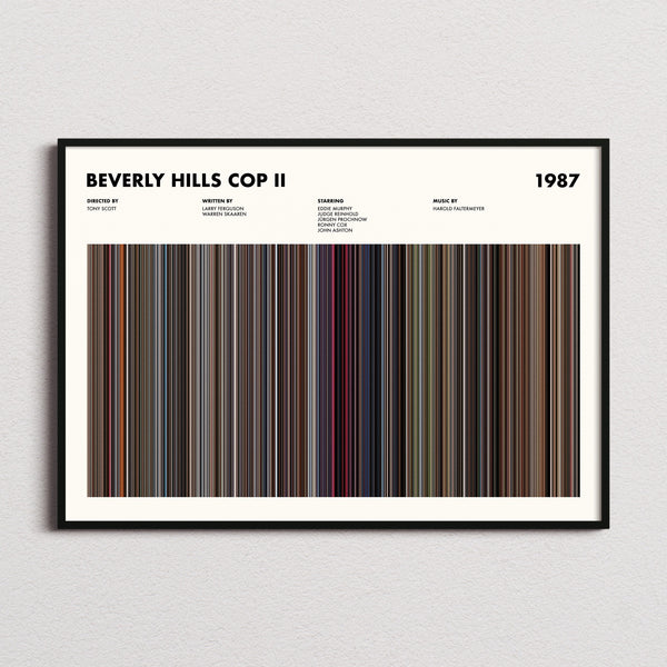 Beverly Hills Cop II Movie Barcode Poster framed and photographed straight on