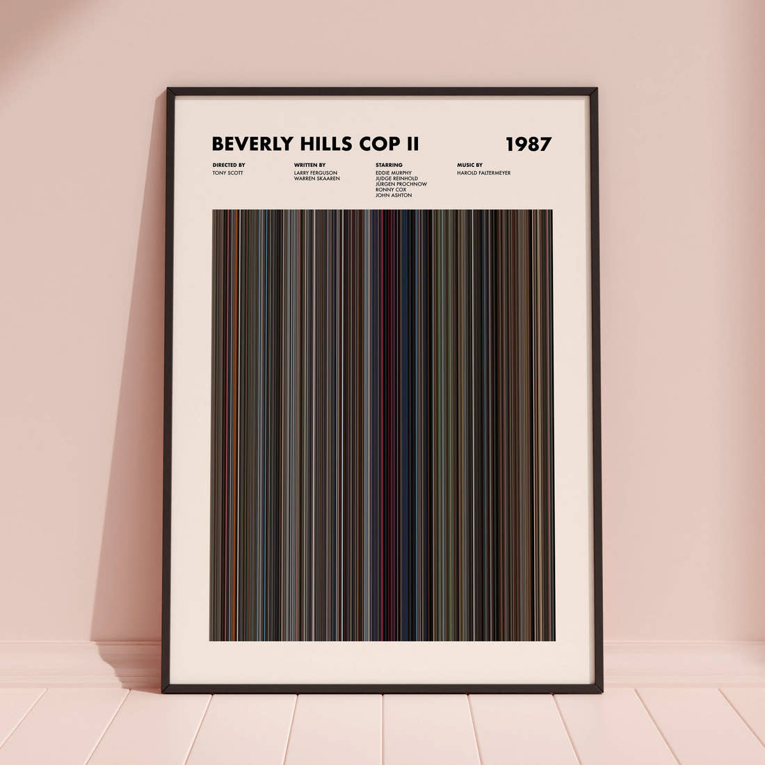Beverly Hills Cop II Movie Barcode Poster framed and leaning against a coloured wall
