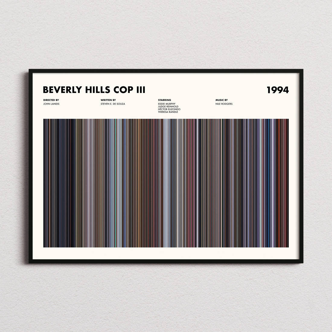 Beverly Hills Cop III Movie Barcode Poster framed and photographed straight on