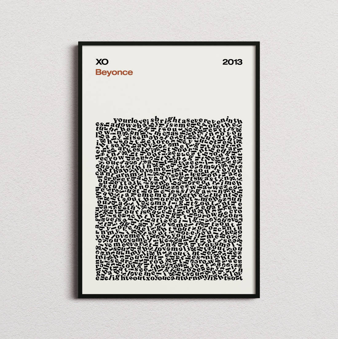 Beyoncé XO Lyric Print in the cream colourway, framed