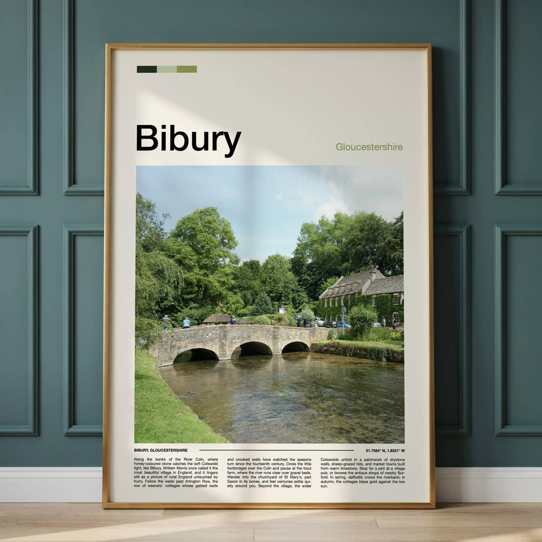 Bibury Stone Bridge Over River Travel Print framed on the wall of a calm, neutral bedroom