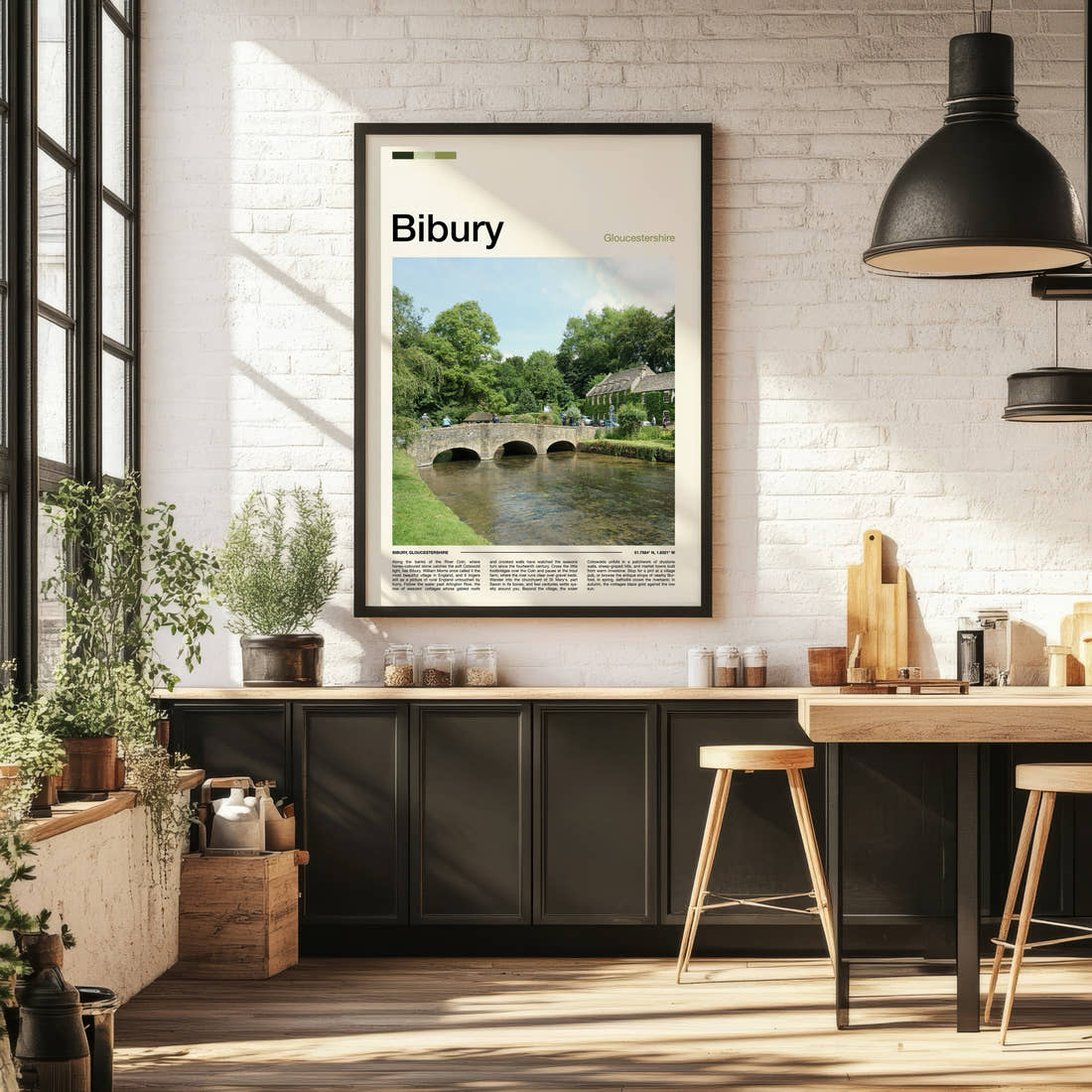 Bibury Stone Bridge Over River Travel Print framed on the wall of a bright kitchen and dining space