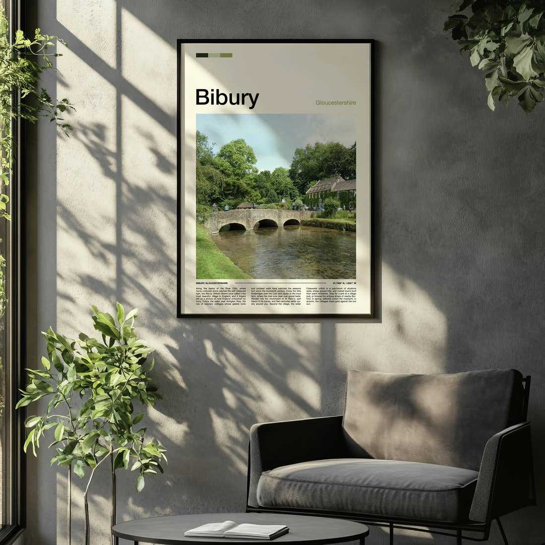 Bibury Stone Bridge Over River Travel Print framed on the wall of a relaxed living room