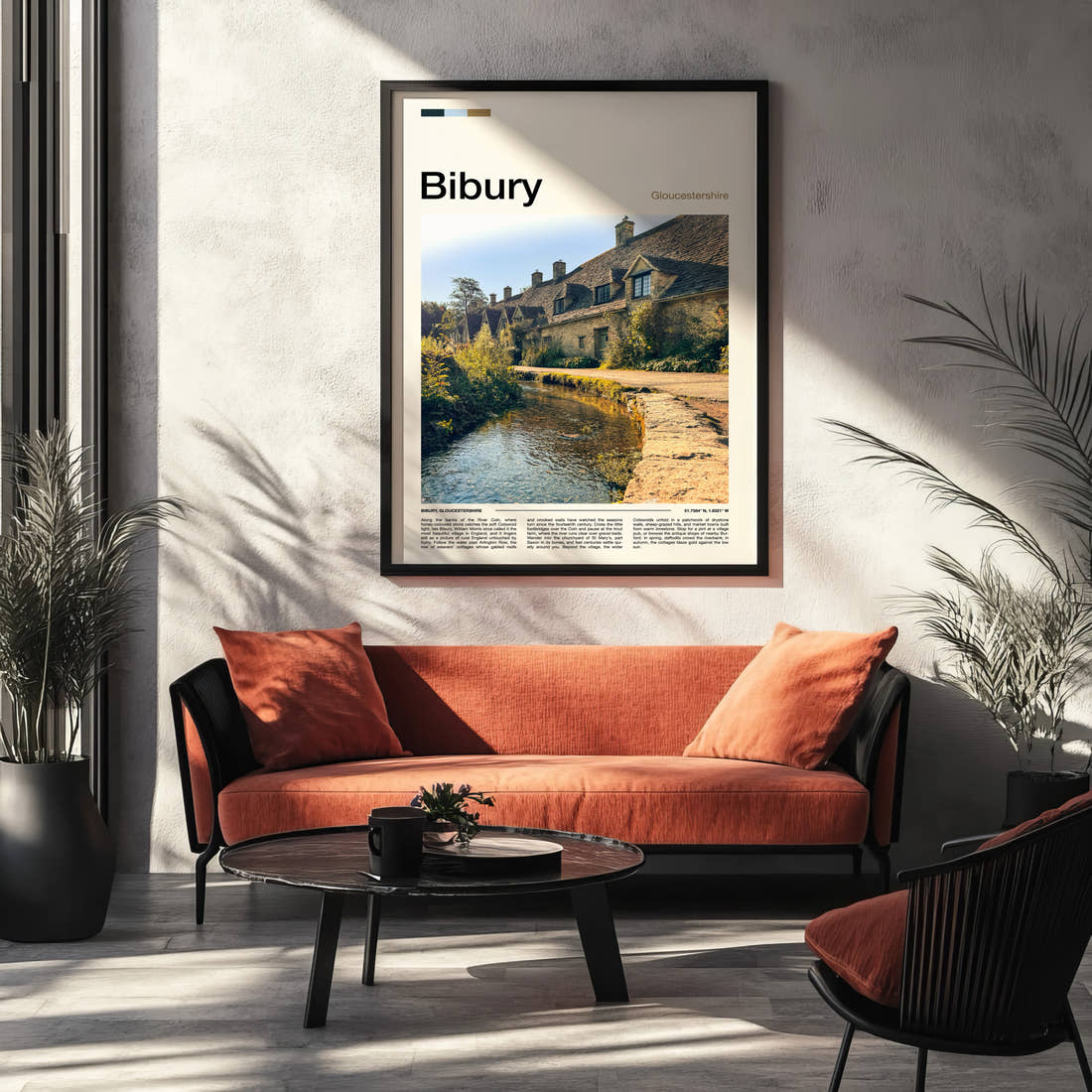 Bibury Riverside Cottage Row Travel Print framed on the wall of a modern living room
