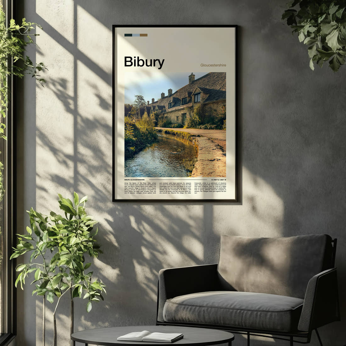 Bibury Riverside Cottage Row Travel Print framed on the wall of a relaxed living room