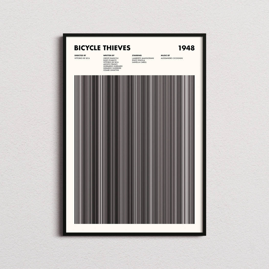 Bicycle Thieves Movie Barcode Poster framed on a plain studio wall