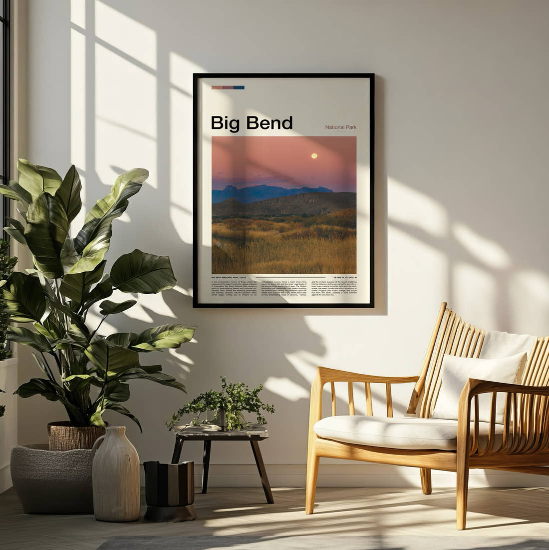 Big Bend Desert Grassland At Dusk Travel Print framed on a pale wall beside houseplants