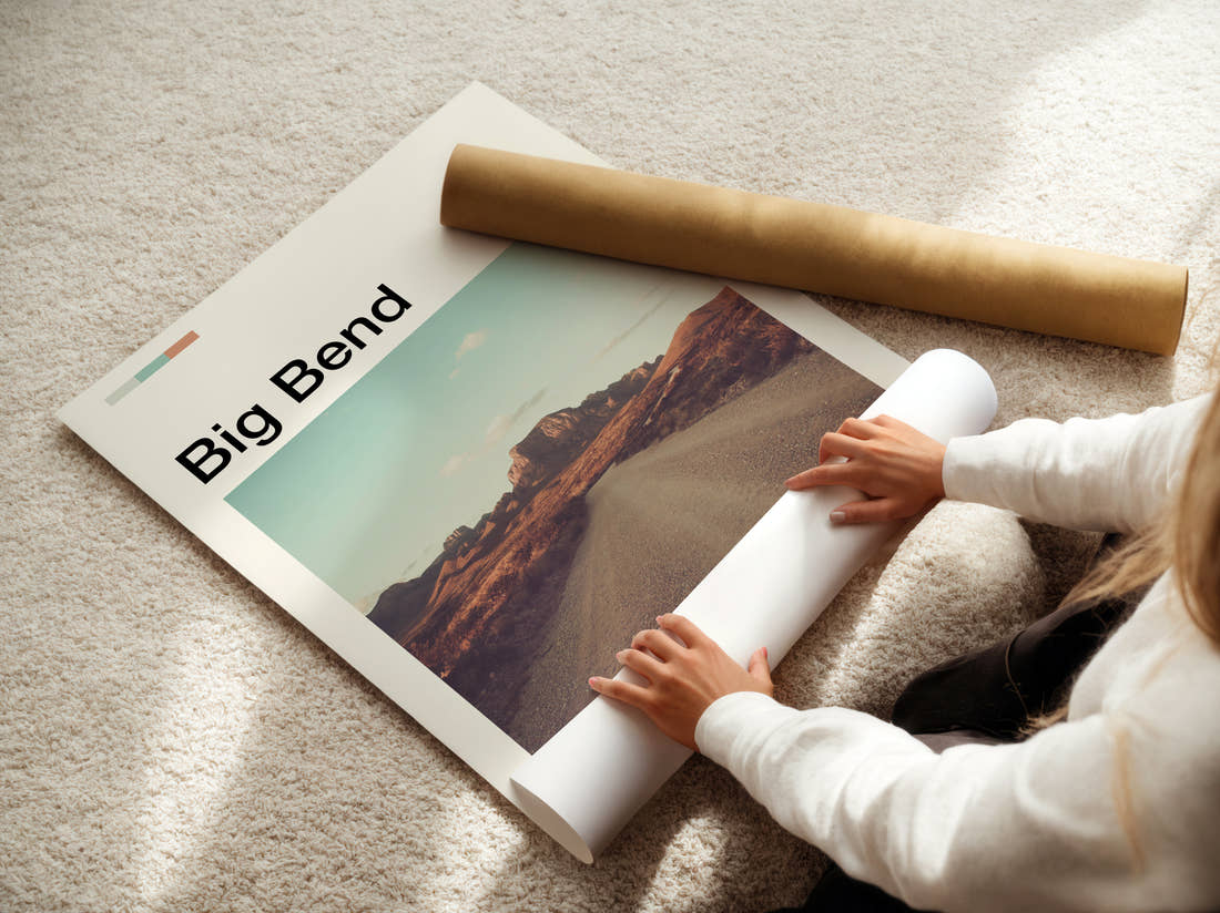Big Bend Desert Road Travel Print being unrolled from its postal tube