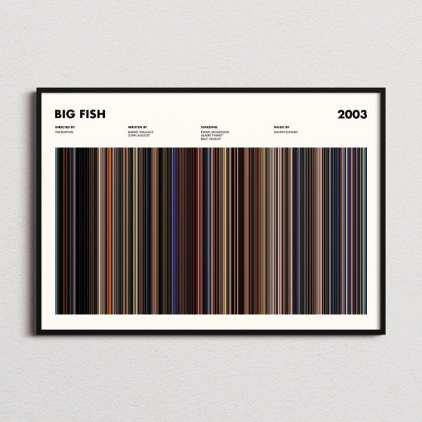Big Fish Movie Barcode Poster framed and photographed straight on