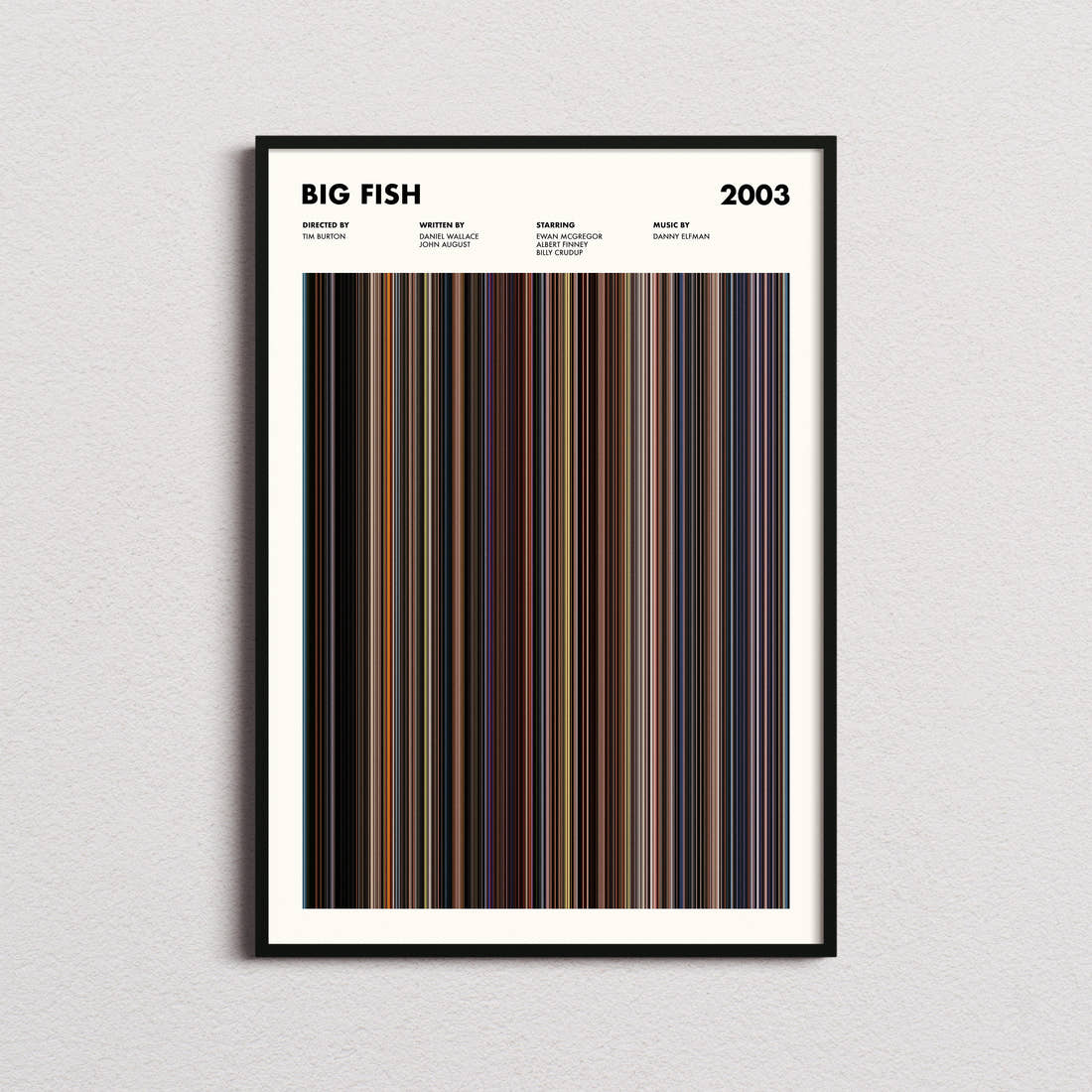 Big Fish Movie Barcode Poster framed on a plain studio wall