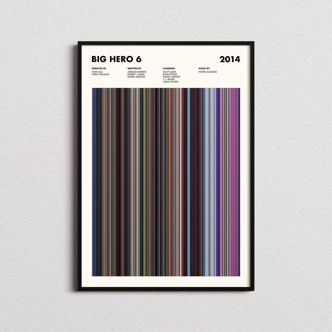 Big Hero 6 Movie Barcode Poster framed on a plain studio wall