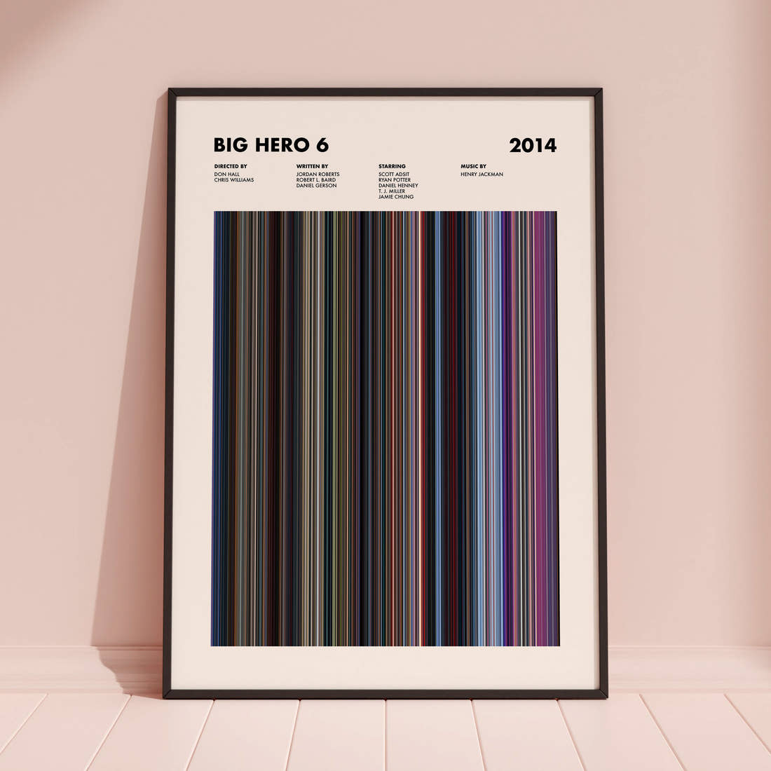 Big Hero 6 Movie Barcode Poster framed and leaning against a coloured wall