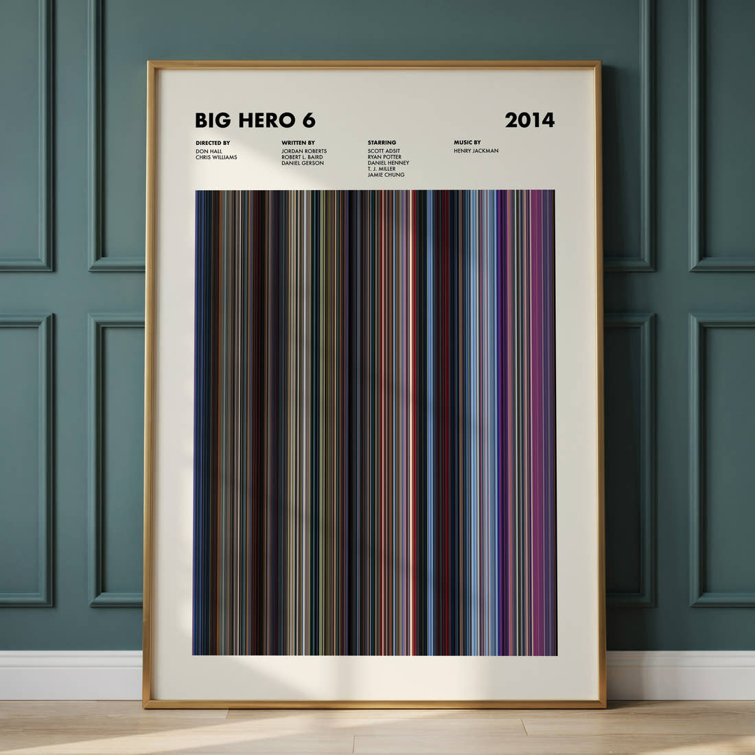 Big Hero 6 Movie Barcode Poster framed and leaning against a panelled wall