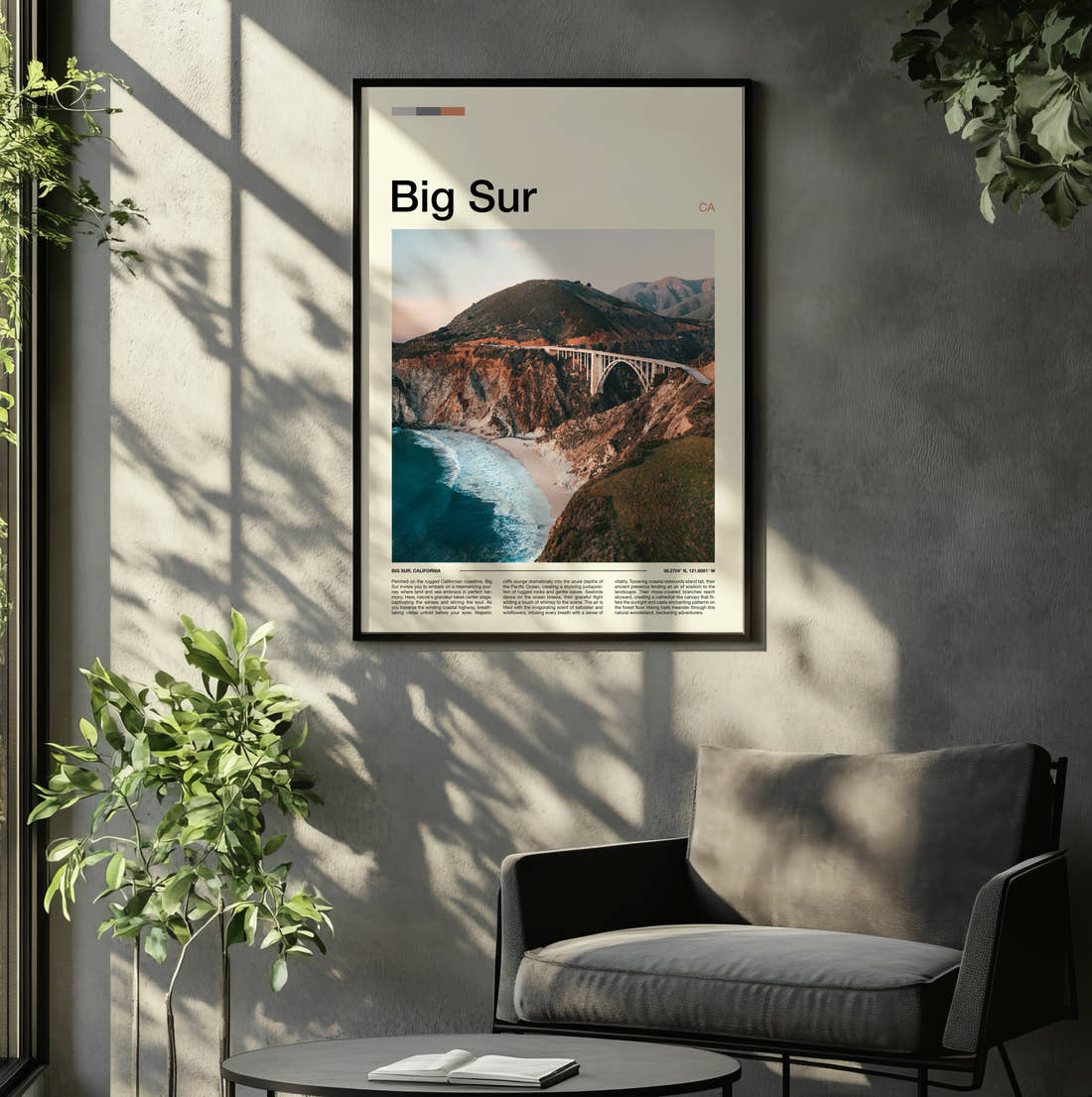Big Sur Bixby Creek Bridge Travel Print framed on the wall of a relaxed living room
