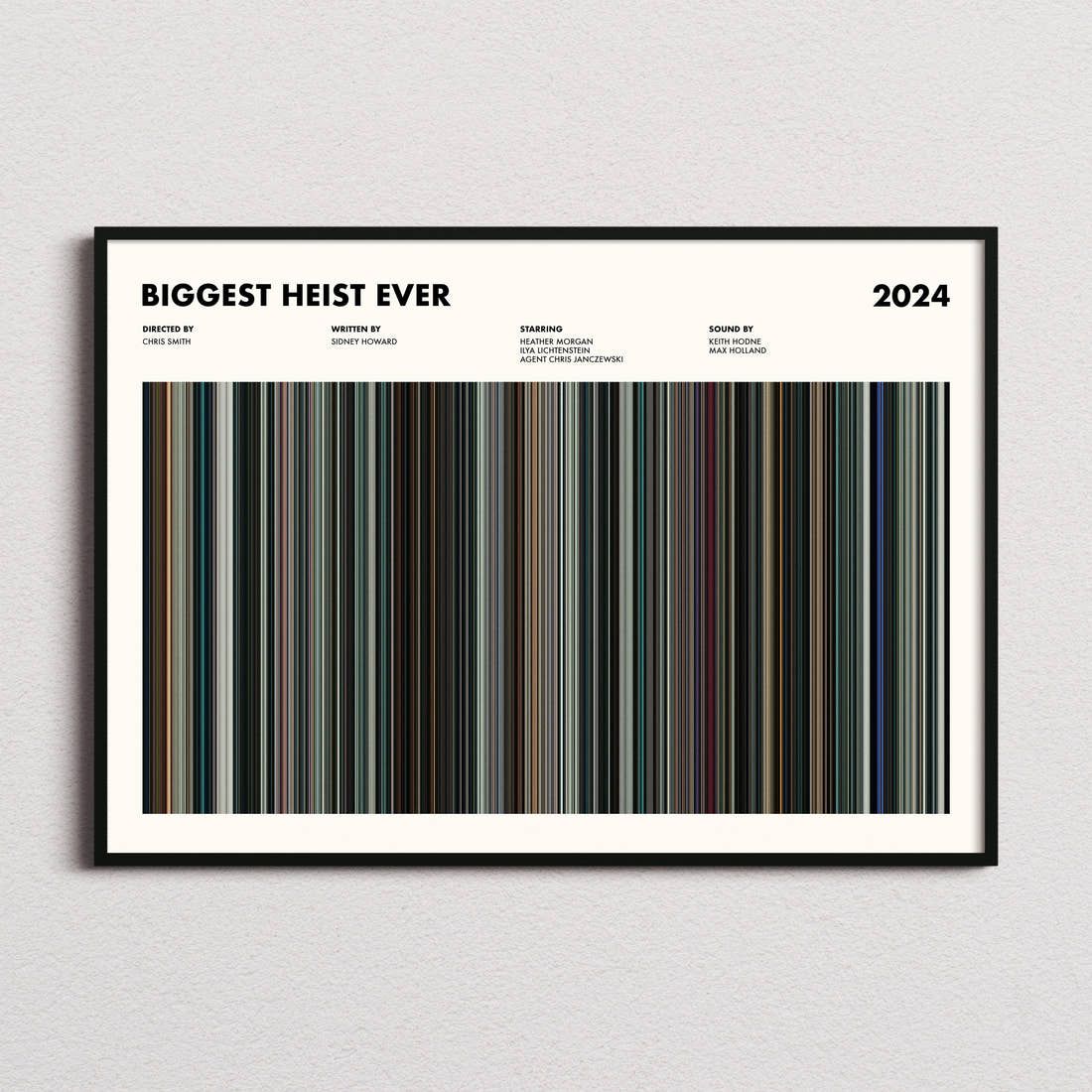 Biggest Heist Ever Movie Barcode Poster framed and photographed straight on