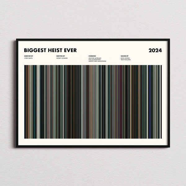 Biggest Heist Ever Movie Barcode Poster framed and photographed straight on