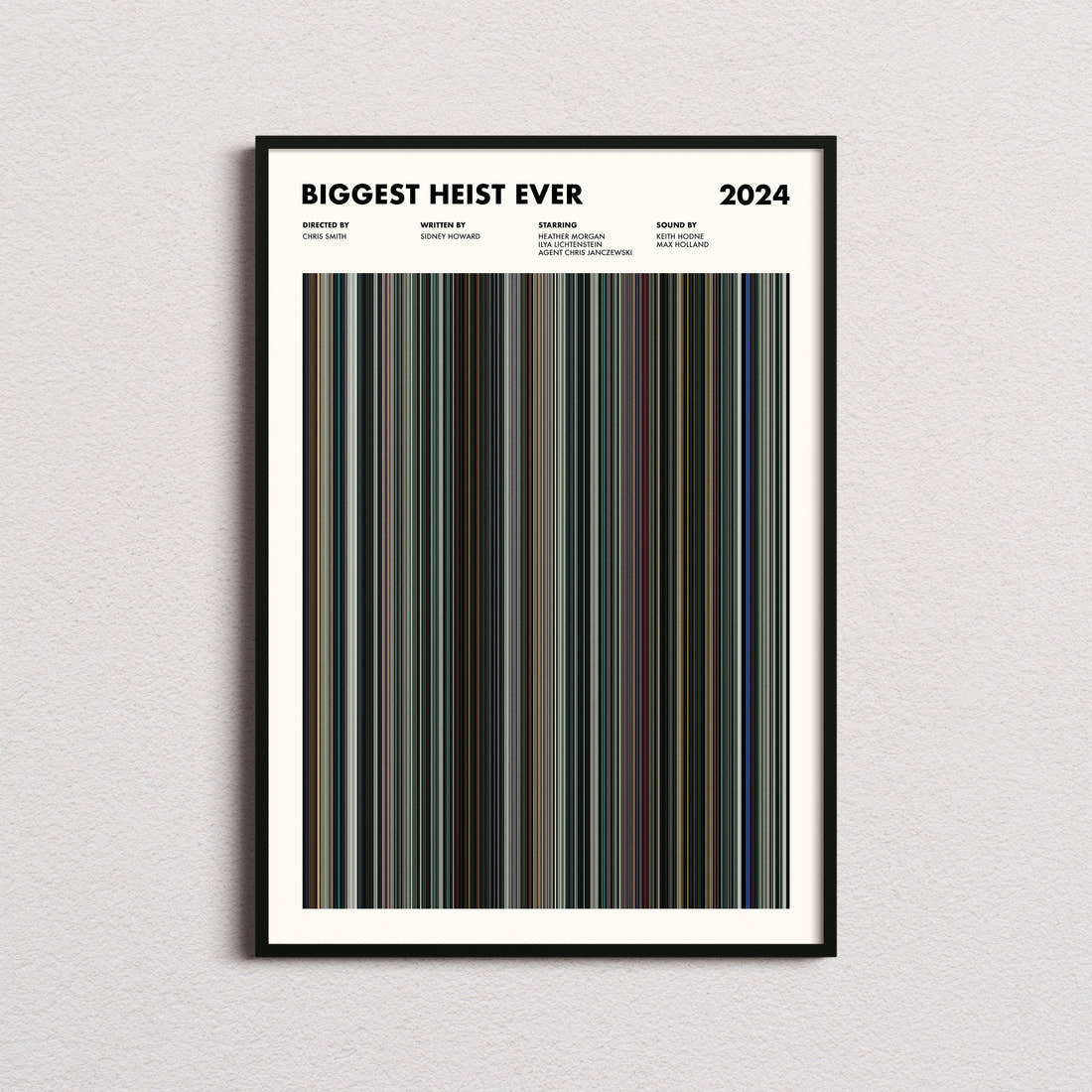 Biggest Heist Ever Movie Barcode Poster framed on a plain studio wall