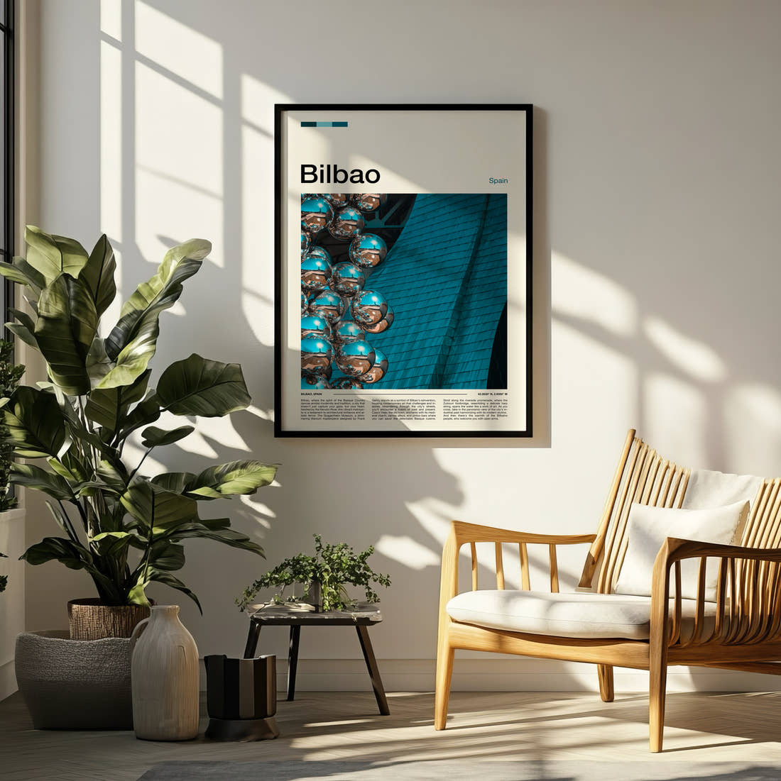 Bilbao Mirrored Sphere Sculpture Travel Print framed on a pale wall beside houseplants