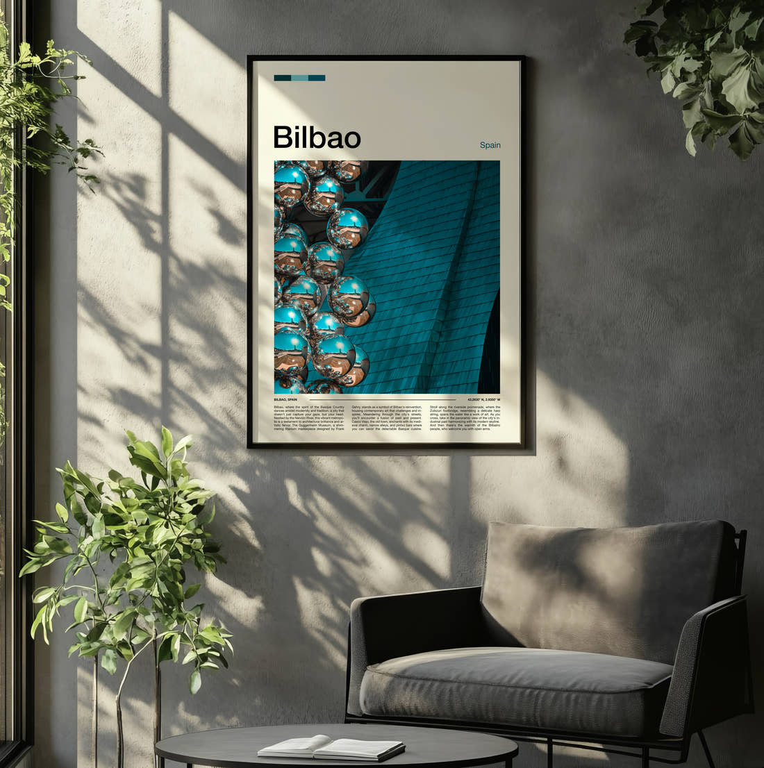 Bilbao Mirrored Sphere Sculpture Travel Print framed on the wall of a relaxed living room